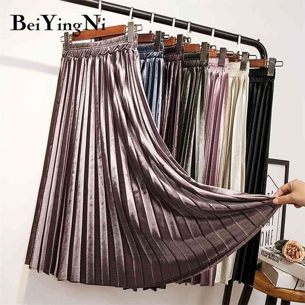 

velvet skirts womens vintage autumn winter warm pleated midi high waist skirt solid color casual korean style faldas 210506, Black