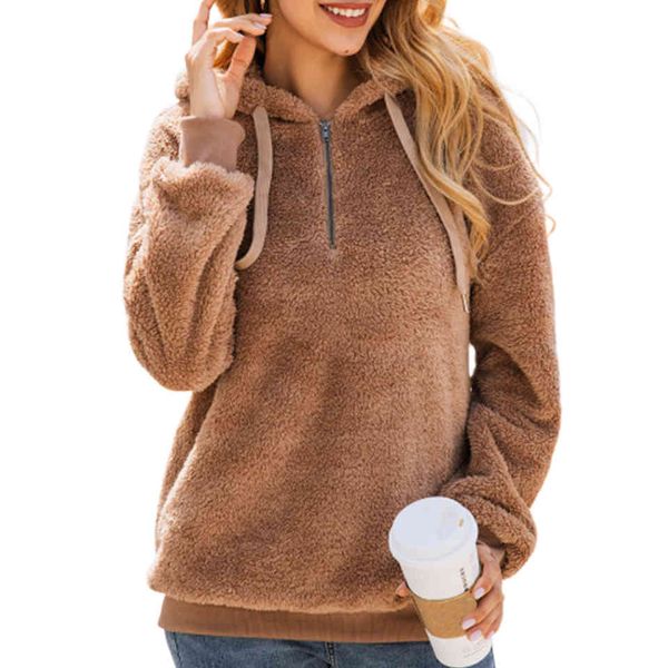

hoodies hairy polyron mujer 2021 half zip contrast cord with plain thick hood fuzzy hoodie female pocket, Black
