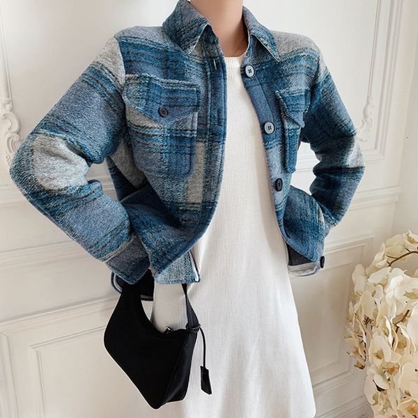 

coats autumn winter women woolen coat single breasted plaid long sleeve fashion turn-down collar loose jacket with pockets, Black