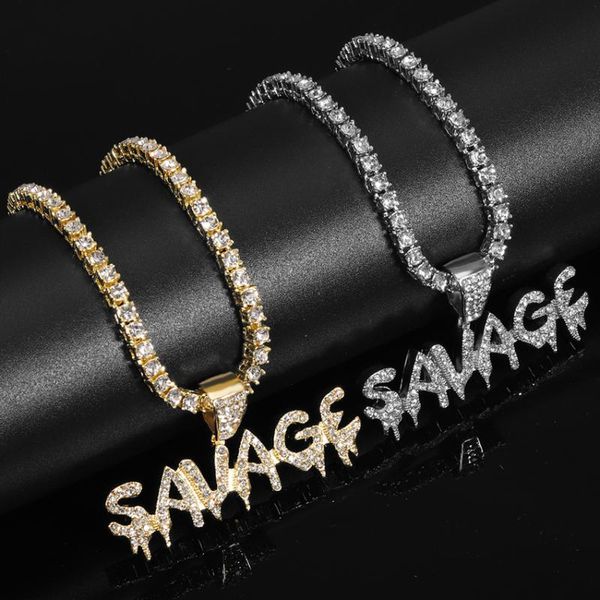 

chains letter savage iced out chain pendant necklace with tennis cuban link for men women fashion jewelry gift, Silver