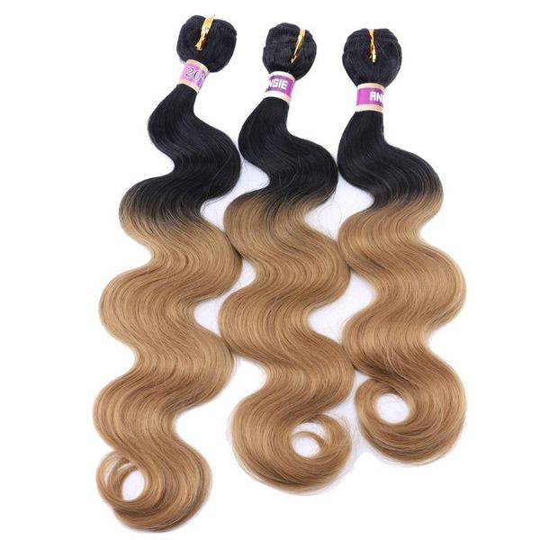 

human ponytails angie 16-20 inches 3 pieces/lot ombre body wave hair bundles two tone curly synthetic extensions for women, Black