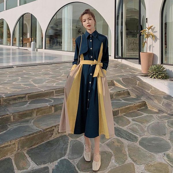 

casual dresses women's long-sleeved stitching dress long 2021 spring autumn korean retro lapel single-breasted fashion wear a belt o8, Black;gray