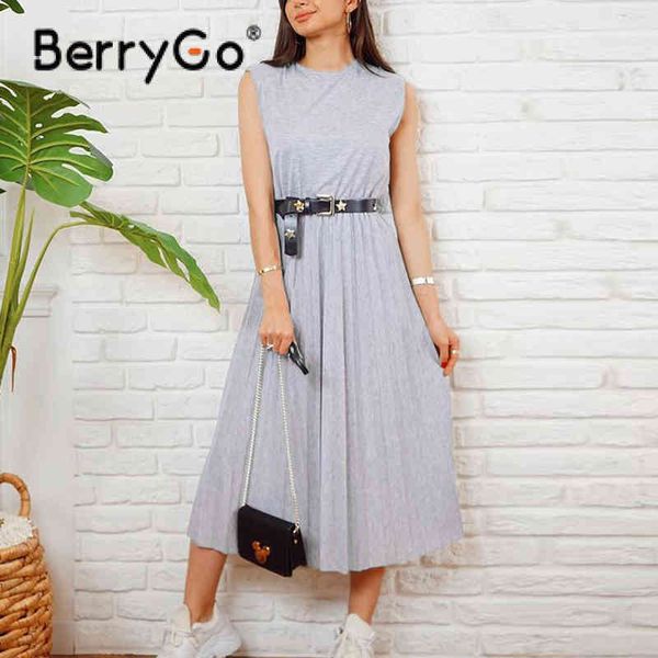 

berrygo casual o-neck sleeveless gray dress high street a-line summer women dresses elegant office ladies lace-up vestidos 210513, Black;gray