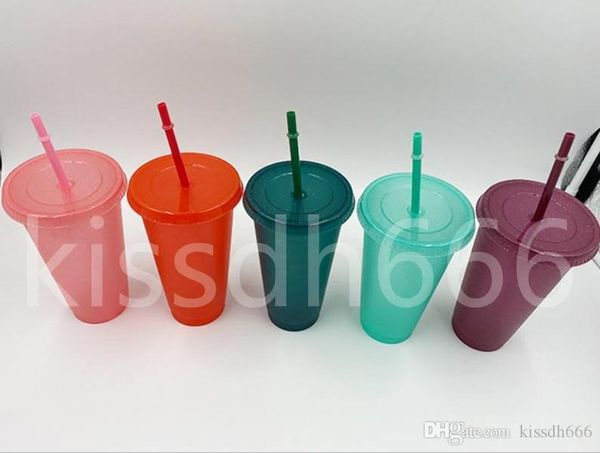 150PSC Glitter пластиковые питьевые тумблеры 16 унций красочные чашки с крышкой и соломенной конфетой цвета многоразовые холодные напитки чашки волшебные кофе пивные кружки