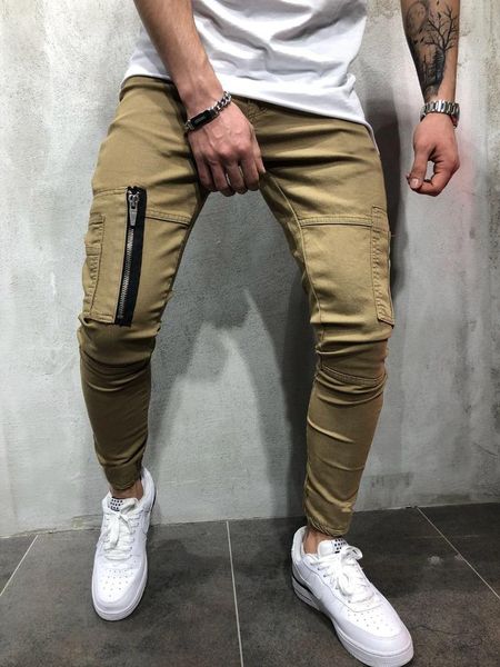 

men's pants 2021 men tie their lapels zipper pocket design tight cargo, Black