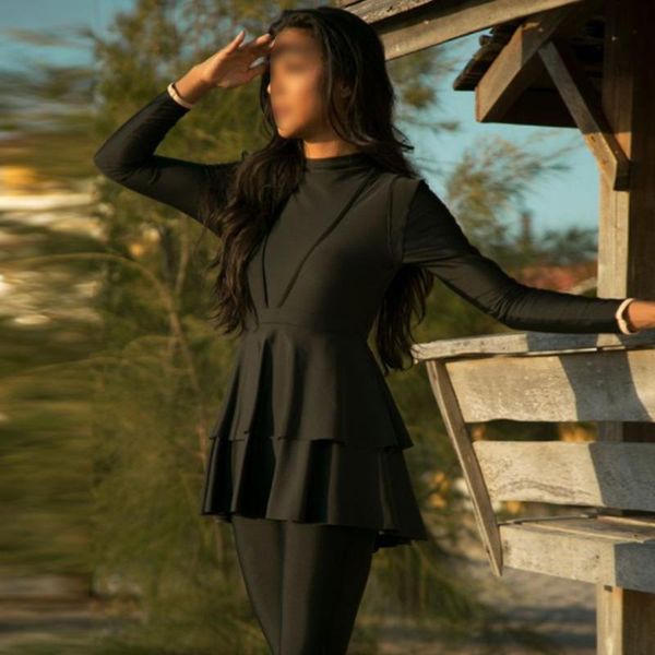 

women's swimwear 3 pieces plus size muslim 2021 whole black ruffle burkini with bra padding swimsuits women maillot de bain femme, White;black