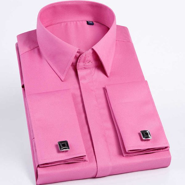 Camicia da uomo con gemelli francesi di qualità rosa Camicia da uomo a maniche lunghe Camicie casual da uomo di marca Camicie eleganti con polsino francese slim fit P0812