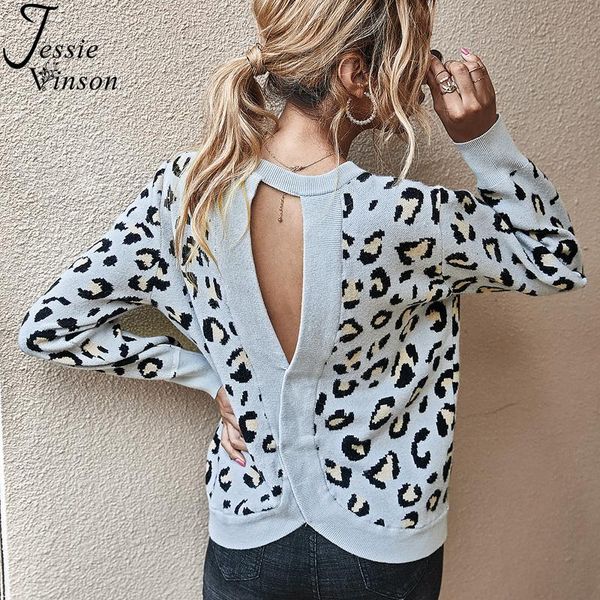 

jessie vinson leopard printed women's sweaters crew neck back hollow out white sweater women casual knitted pullover, White;black