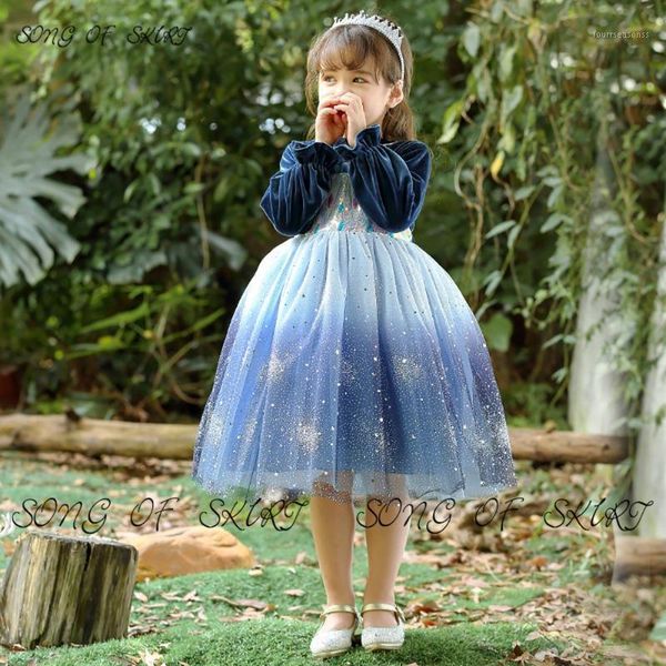 

girl's dresses princess gorgeous flower girl flannel long sleeve knee-length dance gown o-neck shiny tulle daughter birthday skirt1, Red;yellow