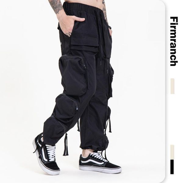 

men's pants firmranch spring&summer european 2021 cargo black&white multi-pocket high street baggy bf function overalls