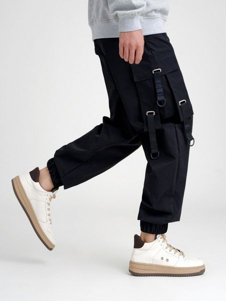 

men flap pocket buckle cargo pants x9im#, Black