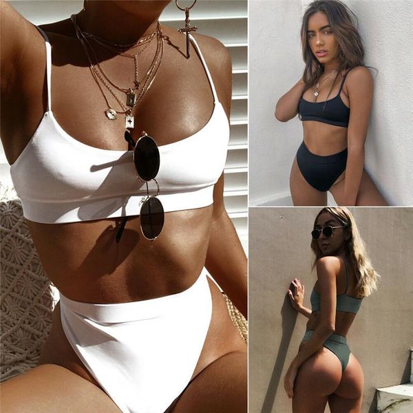 

women push-up bikini padded bra set solid high waist bandage swimsuit swimwear beachwear bathing suit two pieces white black one-piece suits