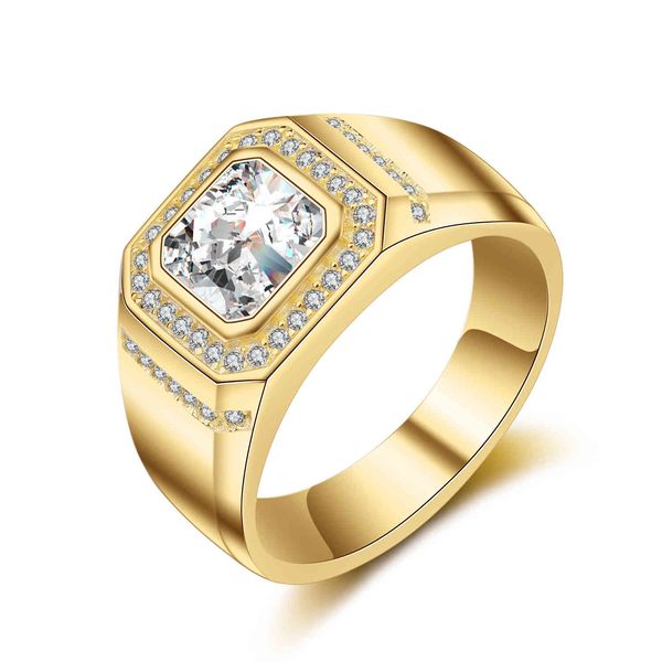 14K Желтый Прямоугольный Прямоугольник Резал Алмазные кольца для Мужчин Белое Золото Полный Инлайз AAA Циркон Симулятор Алмазные Кольцо Точные Ювелирные Изделия