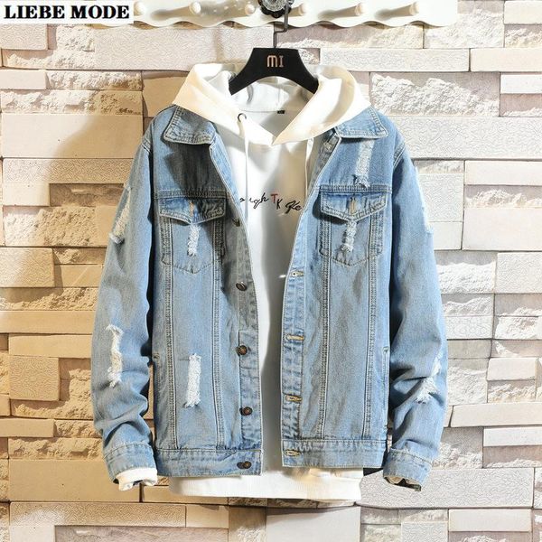 

men's jackets 2021 mens spring ripped slim denim coats black blue punk style streetwear distressed motorcycle biker jeans jacket homme, Black;brown