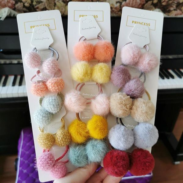 

hair accessories 5 pairs girl's pompom ball bands colorful bow ponytail holder pom fruit elastic ties for kids, Slivery;white