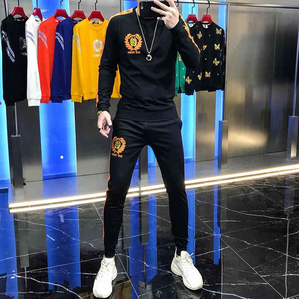 

hoodies men's suit fall style standard side sewing embroidered tag pants of two fashionable youth, Black