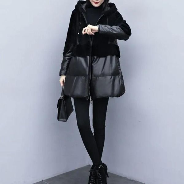 

women's leather & faux 2021 winter large size korean mid-length imitation cashmere stitching cotton fur coat women fashion jacket, Black