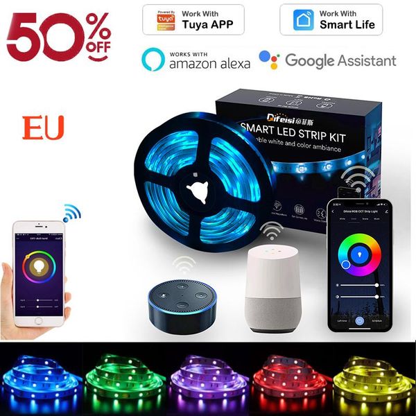 

strips 2m rgb alexa ribbon flexible light for room and living google voice control wifi tuya led strip can be cut