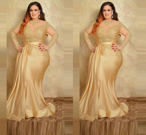 2023 Sexy Plus Size Vestidos De Noite Formais Elegante Com Mangas Compridas Renda Dourada Gola Alta Bainha Vestido para Ocasião Especial Mãe da Noiva