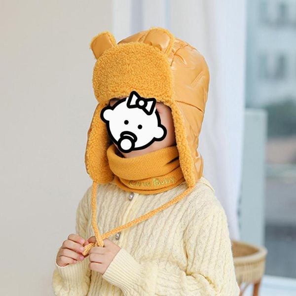 

caps & hats 1 set cap scarf solid color girls boys warm thicken circle ear flap hat for daily wear, Yellow