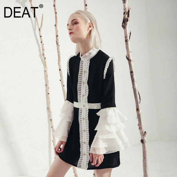 

women black splicing ruffles dress stand neck flare long sleeve loose fit fashion tide spring summer 3d01680 210421, Black;gray