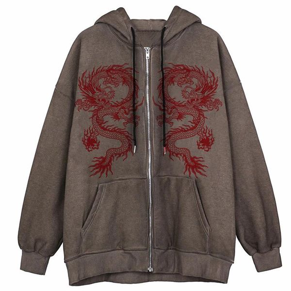 

men's jackets men hip hop streetwear hoodies 2021 male dragon print zipper jacket coat goth harajuku y2k man sweatshirts punk outwear, Black;brown