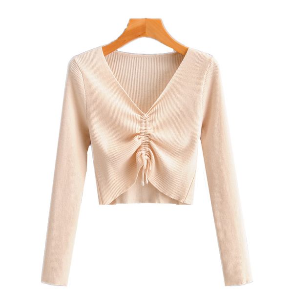 

hsa chic drawstring pleated sweaters women autumn ladies knitted long sleeve pullover v-neck solid casual woman jumper 210417, White;black