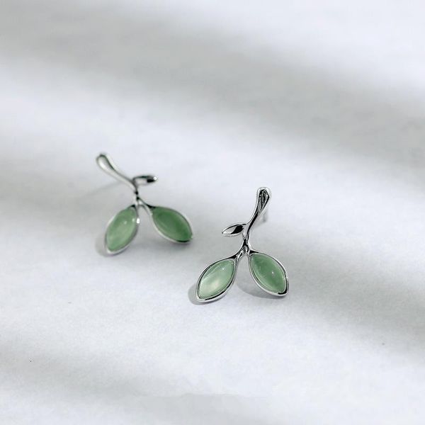 

stud 925 sterling silver green opal leaves buds earrings for women prevent allergy fashion jewelry gifts girls, Golden;silver