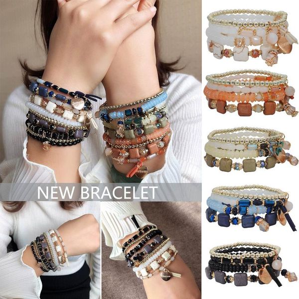 Charm Bilezikler Bohemian Inci Boncuk Kadınlar Için Zincirler Çok Katmanlı El Dize Okyanus Tarzı Çok Daire Kristal Pulseras