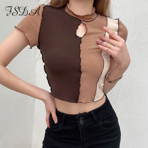 

2021 o neck patchwork brown crop women casual y2k shorts sleeve summer vintage fashion 90s t shirts, Black;white