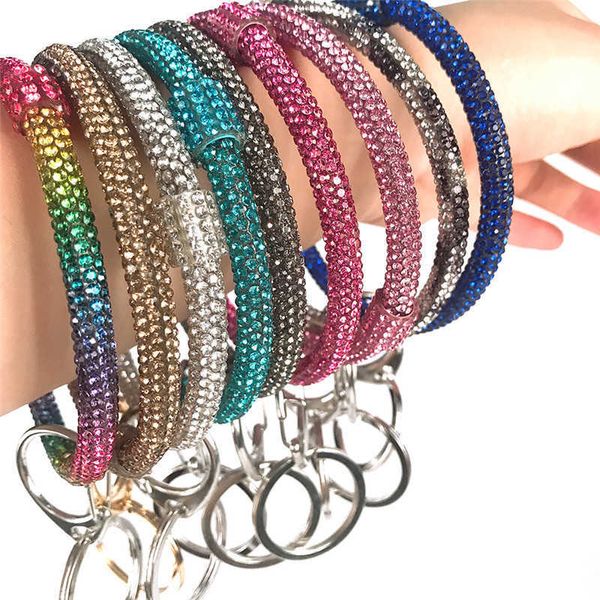 

ins silicone wrist key ring with bracelets glitter crystal rhinestone silicone bracelet keychain bangle circle car key chain jewelry d22904, Red;brown