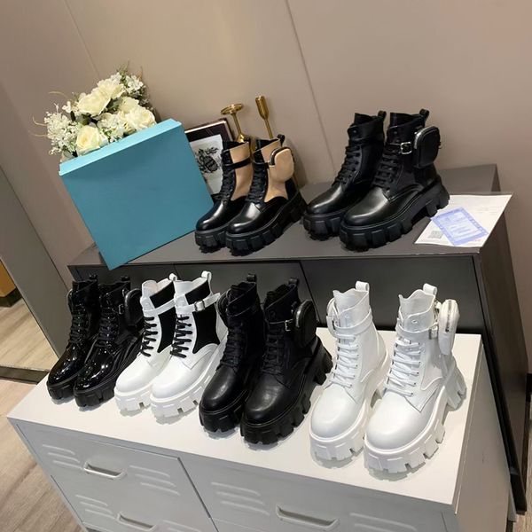 2021 Rois Boots Nylon Derby Stivaletti Martin Stivaletti da donna in pelle da combattimento Stivale da combattimento Nero bianco Suola in gomma Scarpe con plateau Custodia con scatola