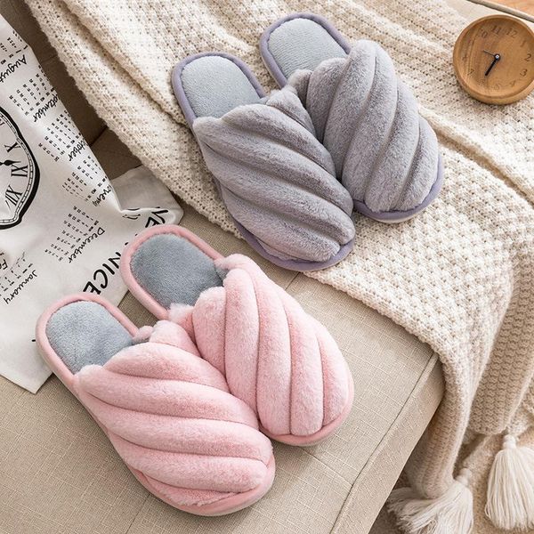 

slippers rimocy 2021 warm winter women round toe flat heels plush home slides woman comfort thick cotton shoes, Black