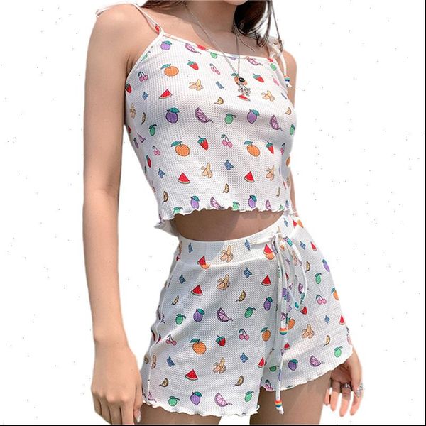 

fashion trend pajama set sleeveless womens tracksuits fruit print tank crop shorts 2 piece outfit lounge wear soft sleeping, Gray