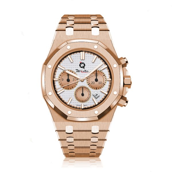 

men's automatic mechanical watch requin rose gold stainless steel case royal six hands multifunction white dial oak, Slivery;brown