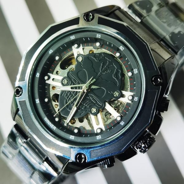 

wristwatches forsining 2021 fashion brand steampunk skull auto mechanical clock men full stainless steel gold skeleton dial cool design watc, Slivery;brown