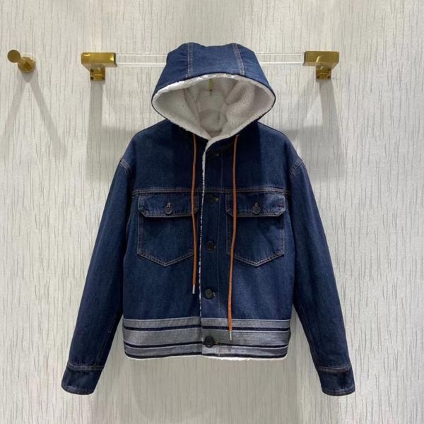 

women's jackets 2021 fall winter luxury design runway elegant casual street style wool lined hooded denim jacket, Black;brown