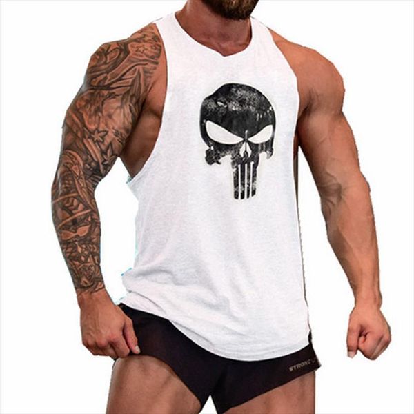 

gym muscle man skull bodybuilding men fitness stringer vest gorilla wearing undershirt, White;black