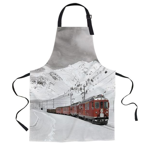 

aprons snow mountain red train printed kitchen cooking baking canvas sleeveless for women man kids home delantal cocina