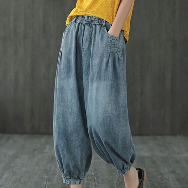 

vintage patchwork pocket elastic waist denim harem pants loose casual women long jeans trousers 2021 summer autumn women's, Blue