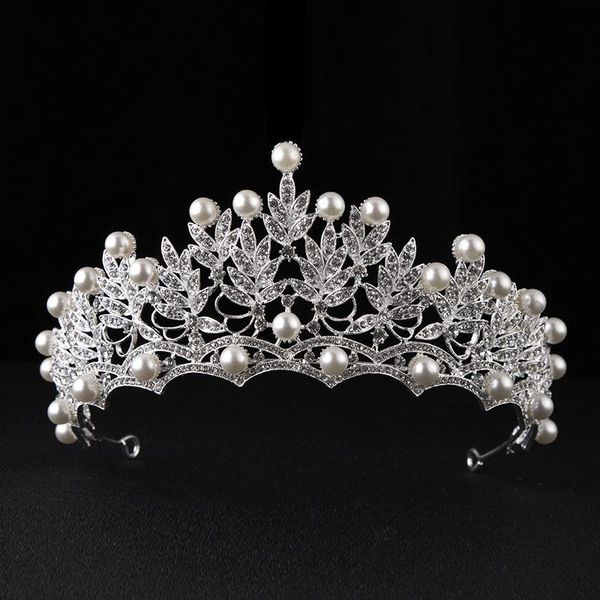 

hair clips & barrettes big silver color leaf crystal rhinestone tiara simulated pearl wedding crowns jewelry bridal accessories lb, Golden;silver