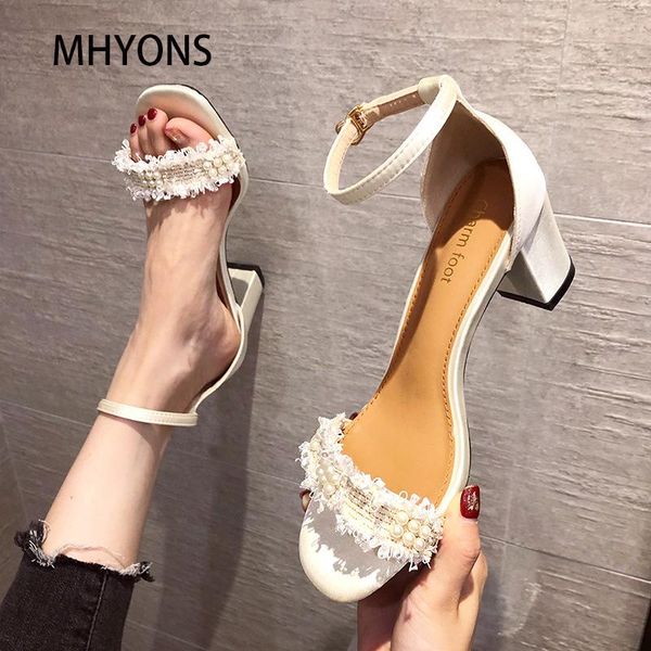 

sandals sweet lace string bead 2021 summer korean fashion pearl wood ears one word band square low heel shoes high heels, Black