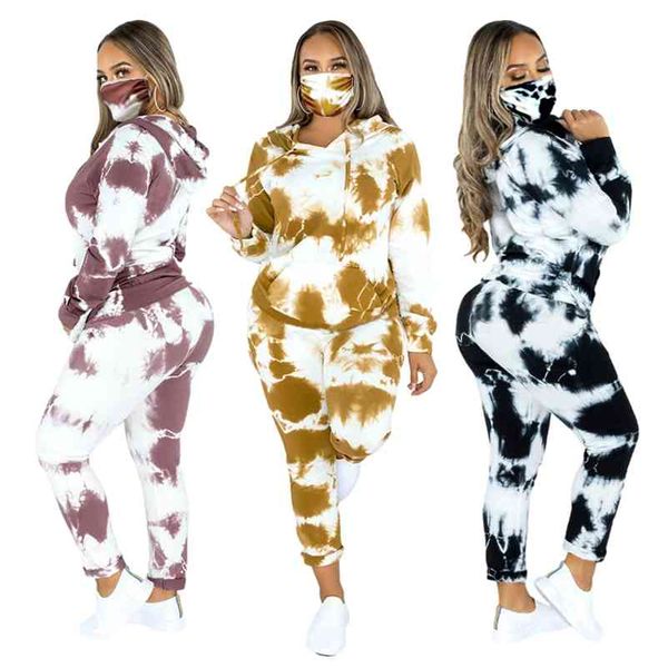 

women's 3 piece marble tie dye sweatsuit and hoodies tracksuit sweatpants pullover joggers casual set 210709, White