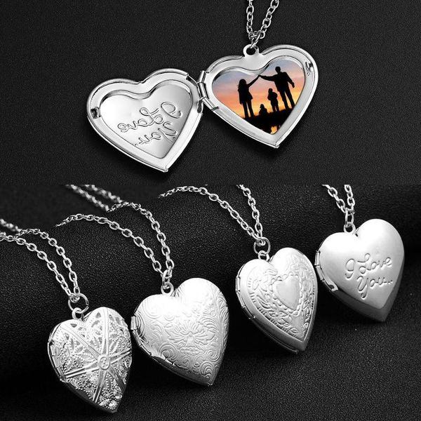 

color sier heart locket pendants for women men openable po frame glossy pet picture necklace family love gift, Silver