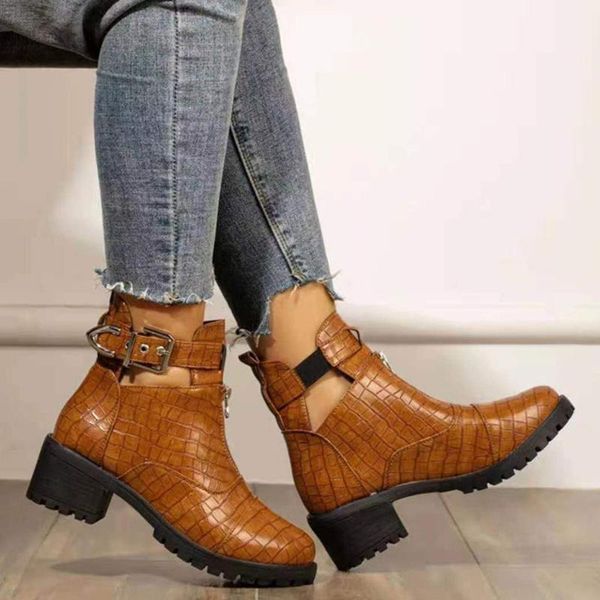 

boots retro all-match casual leather women's boots, solid color zipper comfortable short women platform#, Black