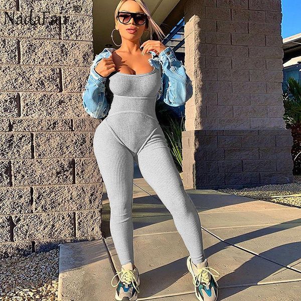 

women's jumpsuits & rompers nadafair sportswear ribbed knitted bodycon jumpsuit women summer backless fitness club one piece ropmers wo, Black;white