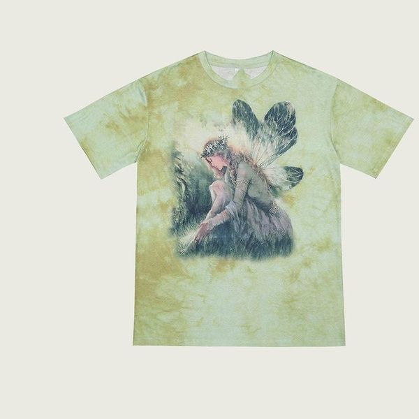 

men's t-shirts tie-dye short sleeve t-shirt hip-hop loose harajuku style short-sleeved couple gradient female elf printed top, White;black