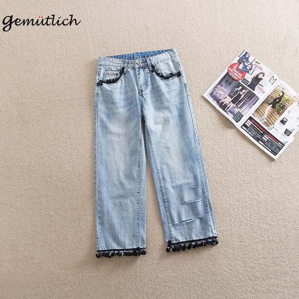 

over size straight trousers ankle-length light blue tassel pants ripped hole 38 40 women's jeans
