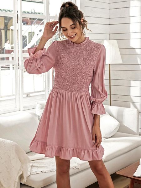 

women solid color a-line dress shrinkage ruffles decor o-neck petal sleeve mid waist slim mini elegant 2021 spring vestido casual dresses, Black;gray