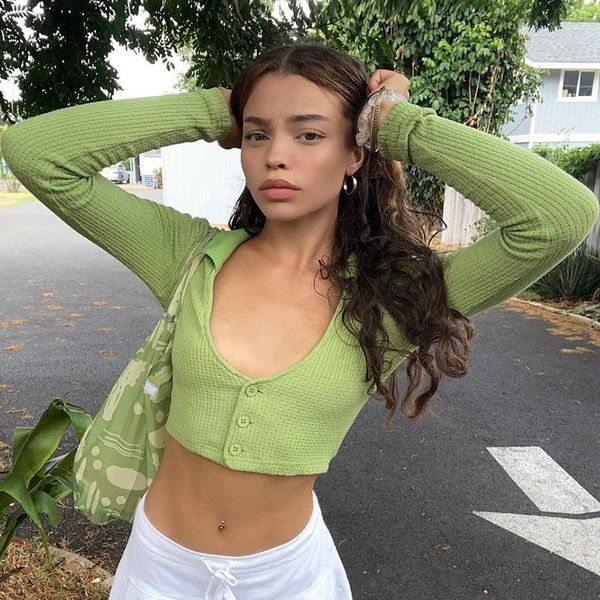 

women's t-shirt y2k crop green knitted long sleeve t shirt v neck vintage harajuku tee women autumn basic casual tshirt streetwear, White